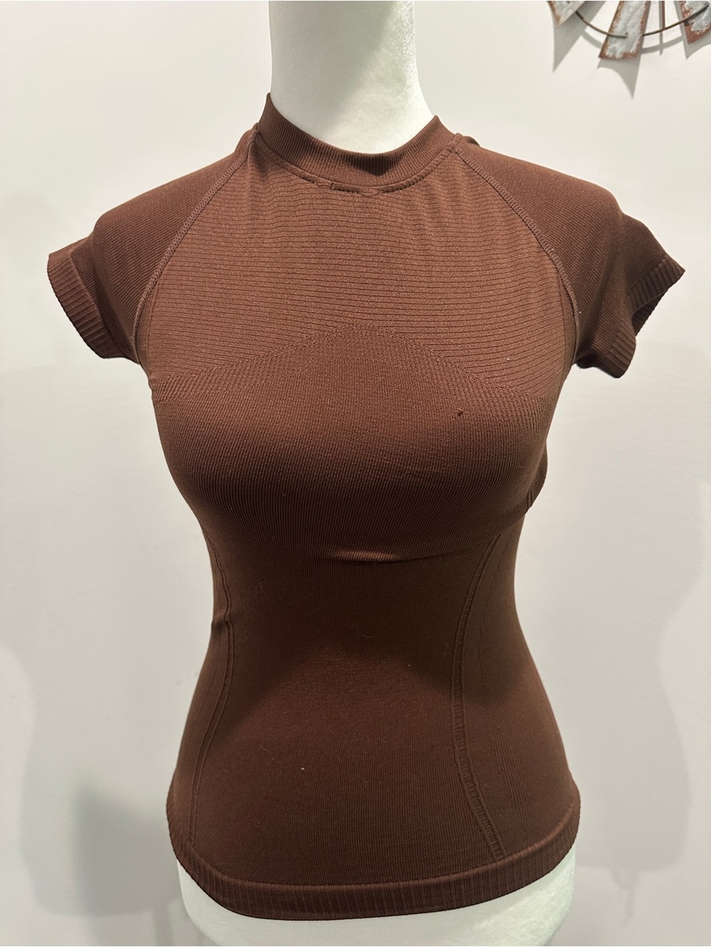 Brown Ribbed Short-Sleeve Women's Top